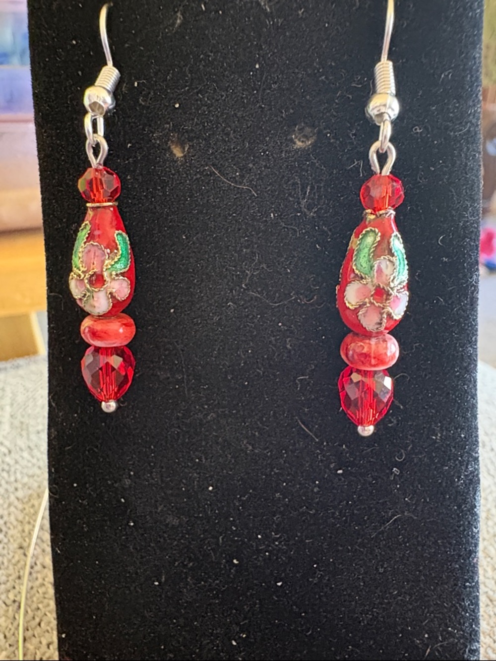 Hand Crafted Red Floral Cloisonné Drop Earrings - Women Jewelry